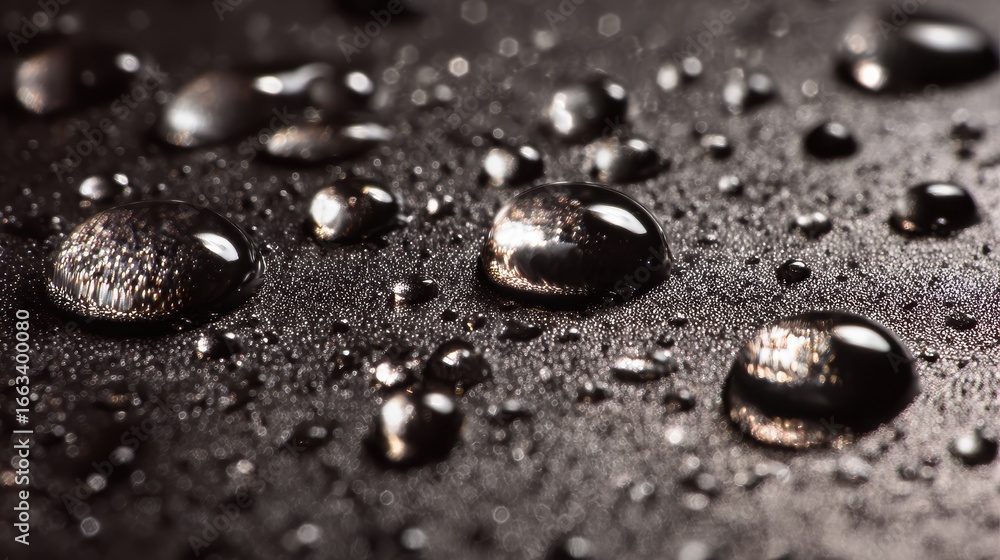 Poster water droplets create patterns on a black surface in soft light during afternoon