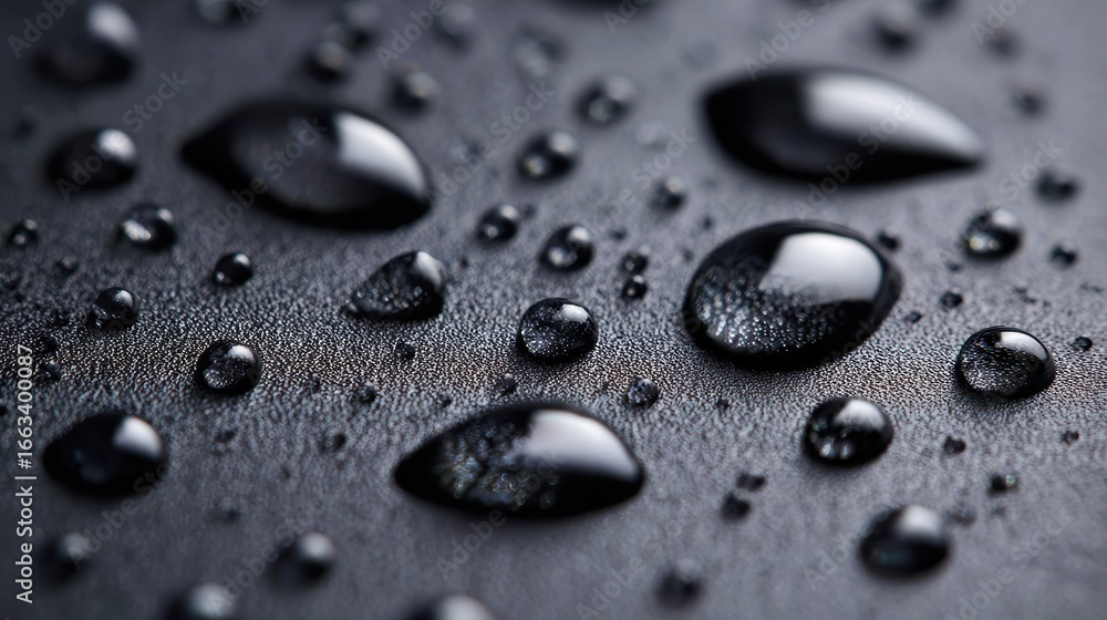 Poster water droplets rest on a dark surface creating a reflective pattern in the afternoon light