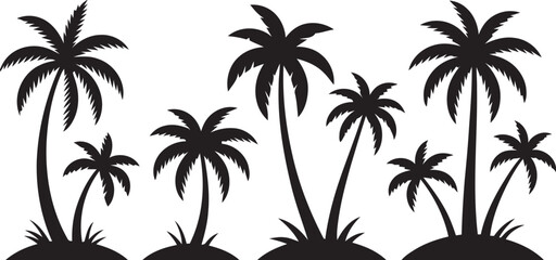Collection of black palm tree silhouettes on a white background isolated on white background