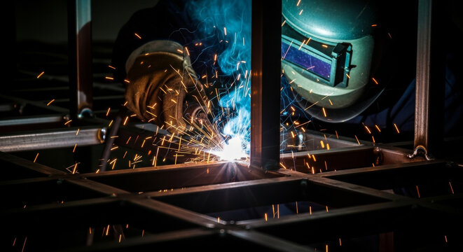 A man is welding metal in a dark room