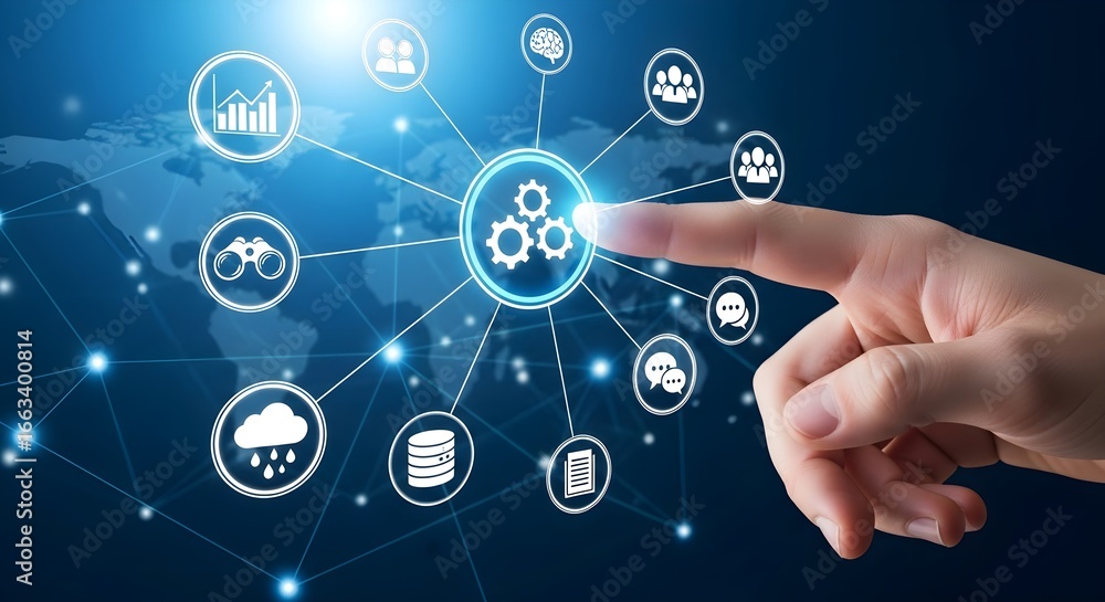 Poster photo of hand touching a digital network of interconnected technology icons representing global data