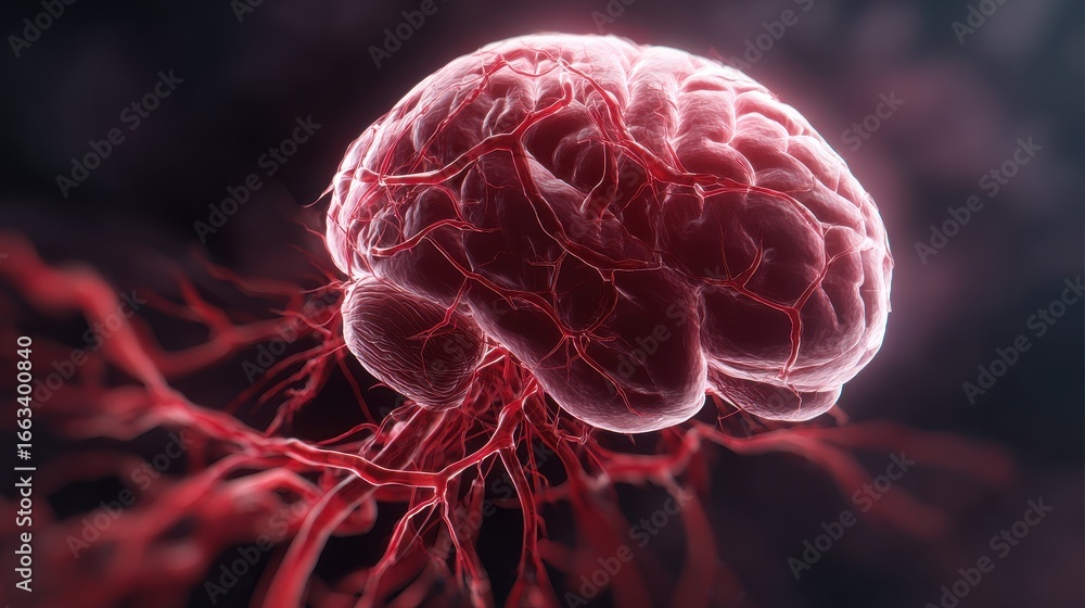 Poster detailed view of a human brain with vascular structures highlighted in a dark background