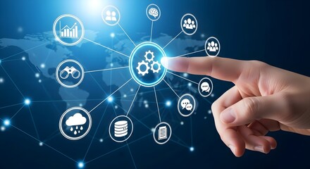 Photo of hand touching a digital network of interconnected technology icons representing global data and business processes, symbolizing digital transformation and innovation