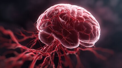 Fototapeta premium Detailed view of a human brain with vascular structures highlighted in a dark background