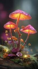 Fototapeta premium Glowing pink mushrooms illuminate a cluster of wildflowers and moss nestled on a dark log, ethereal glow, magical scene