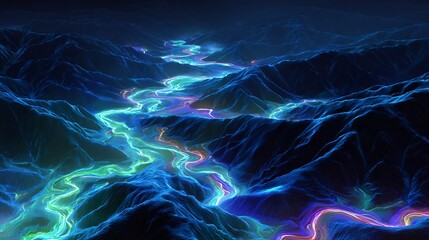 A glowing river winding through dark mountains with vibrant colors and a surreal atmosphere view landscape