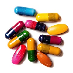 Assorted colorful capsules scattered on a white background
