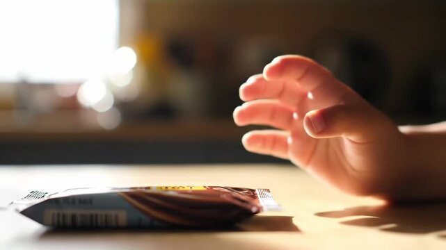 Child's hand reaches for a chocolate candy bar on the table.