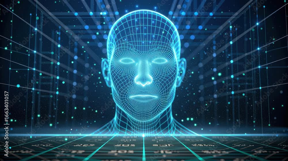 Poster futuristic digital wireframe head with glowing lines and dots in grid environment symbolizes artific