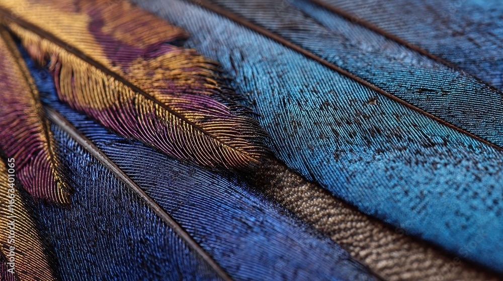 Poster colorful bird feathers showcasing intricate patterns and textures in natural light