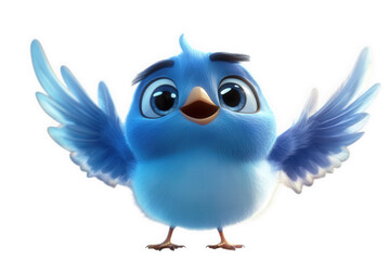 Fototapeta premium Cute cartoon blue bird with wings spread, isolated on transparent background