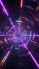 Obraz premium Vibrant neon lines radiate from a central point, forming concentric circles within a dark, technological tunnel. The effect is hypnotic and futuristic
