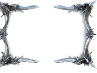 Intricate silver medieval fantasy frame with engraved symbols and dragon motifs on white background