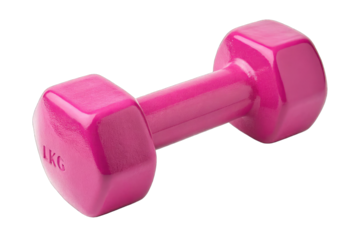 A single bright pink dumbbell rests horizontally showcasing its vibrant color and gym equipment appeal