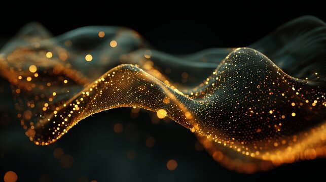 Dynamic particle motion forming luminous waves in a digital futuristic landscape