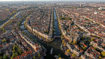 Obraz premium Aerial view of Amsterdam's historic canals and architecture during late afternoon light