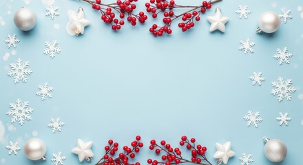 Snowflakes and red berries on blue background. Christmas bacground.