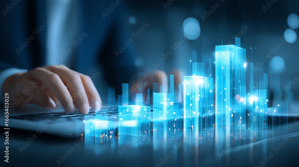 Fototapete a person interacts with a digital interface displaying a futuristic cityscape constructed from glowi