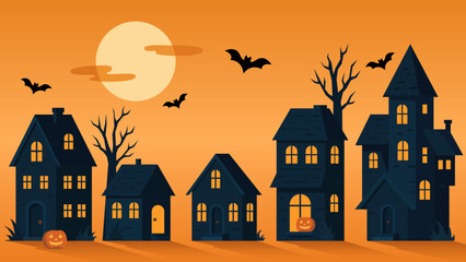 Halloween illustration with haunted houses, bats, bare trees, full moon, and jack-o’-lanterns on an orange night sky, perfect for spooky holiday themes and seasonal design projects.