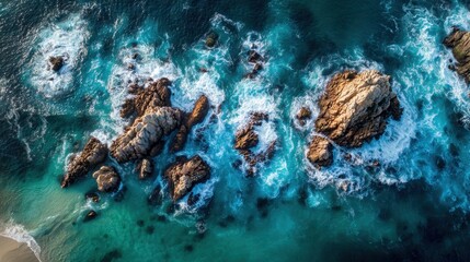 Dramatic coastline with rocky formations and crashing waves under bright sunlight