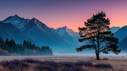 Fototapeta premium Majestic mountains, tranquil lake, sunrise hues
