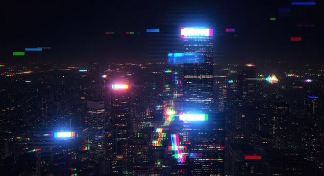Retro Glitch Effect Dystopian Neon Night Cityscape with a Digital Distortion Overlay