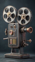 Obraz premium Weathered antique movie projector, dark grey and copper tones, dual film reels, intricate details, stands on dark surface