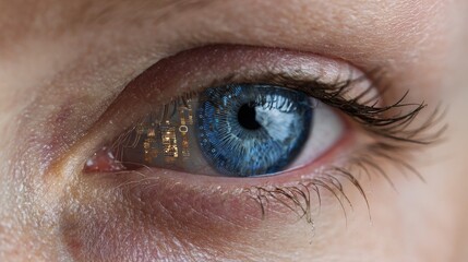 Eye reflecting a digital landscape with vibrant colors and intricate details