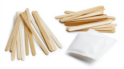 Wooden stirrers and sugar sachets set, (clean modern detail, white isolated background