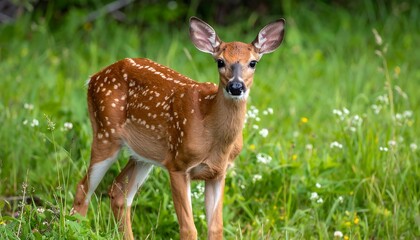 Fototapeta premium Young deer stands in a field of wildflowers.