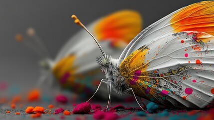 Close-up of two butterflies, painted with vibrant colors