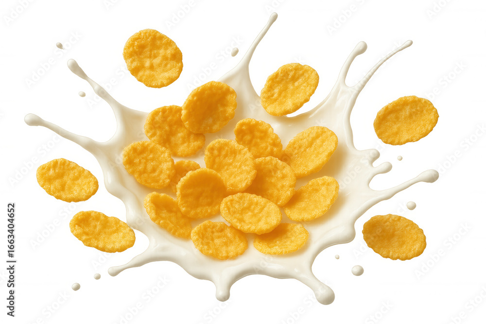 Poster crispy cornflakes splashing into milk, generating dynamic motion and visual appeal for food-related 