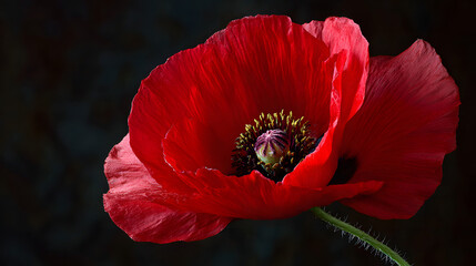 Vibrant red poppy blooms with delicate petals against a stark black background