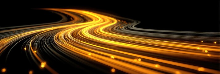 Abstract swirling golden light trails on black background