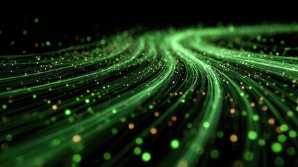 Abstract swirling lines of green and gold light, dotted with glowing particles on a dark background