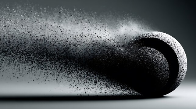 Textured black sphere disintegrating into dust particles abstract white - Powered by Adobe