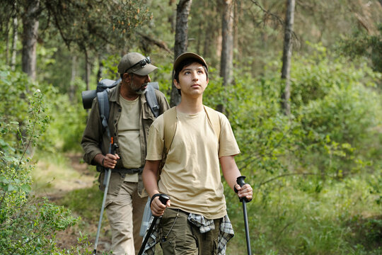 Middle aged man and teenage boy hiking together in forest, both carrying backpacks and trekking poles, father following son along wooded trail surrounded by green trees