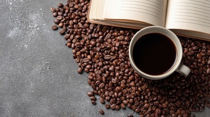 Naklejka premium Coffee Beans and Coffee Cup with Journal