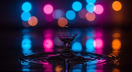 Water drop impact creates ripples reflecting vibrant colorful bokeh lights.