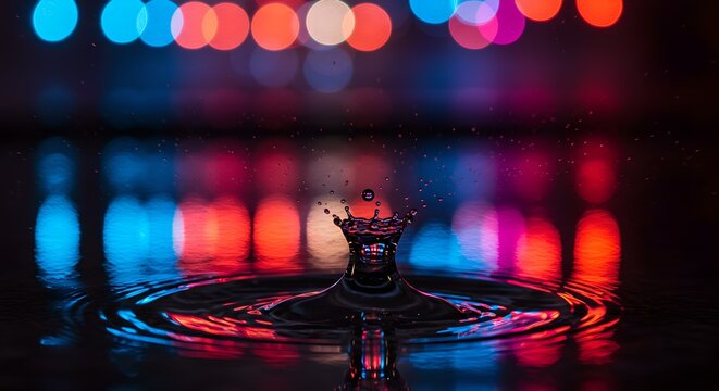Water drop impact creates ripples reflecting vibrant colorful bokeh lights.