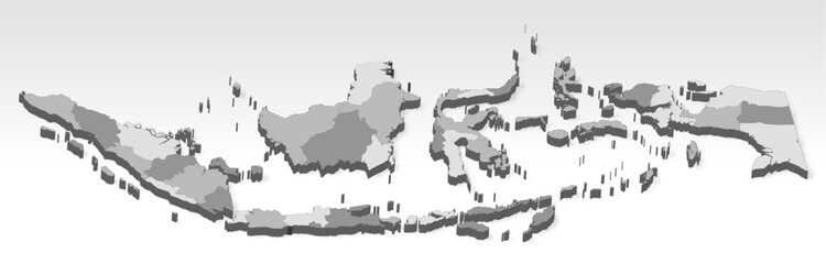 3D  Indonesia map with all Provinces in gray. Three dimensional map of Indonesia with shadow on white background for your design, app, UI.  EPS10.