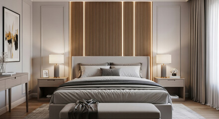 Luxurious master bedroom interior design with a statement wood panel accent wall and warm ambient LED lighting