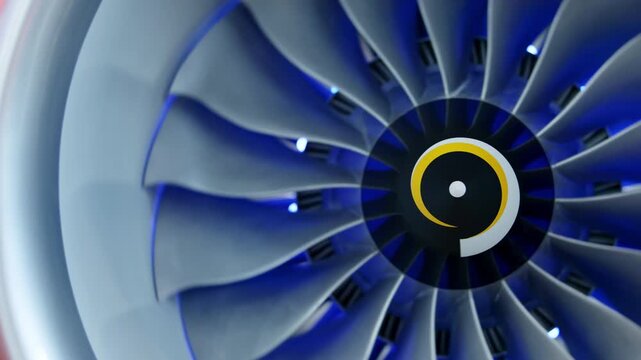 Turbofan engine rotating with blue light effect. Media