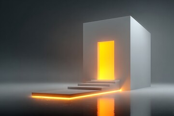 White cube glowing doorway with illuminated steps abstract architecture