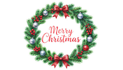 Christmas wreath with festive greenery and holiday decoration isolated on white background