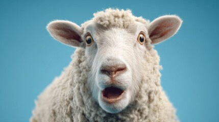Surprised sheep close-up on blue background: expressions of curiosity and wonder