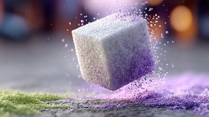 White cube levitating with purple and green particles image