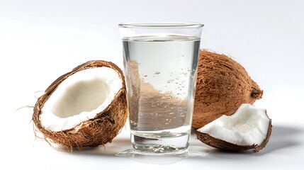 Glass of coconut water with whole and halved coconuts on a white surface in a studio setting