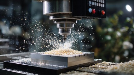 The machine makes a hole in the metal around which there are chips and dust. The environment is industrial and noisy
