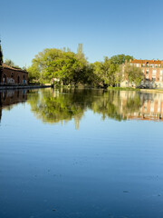 Wide view of the Canal de Castilla dock area in the city of Palencia